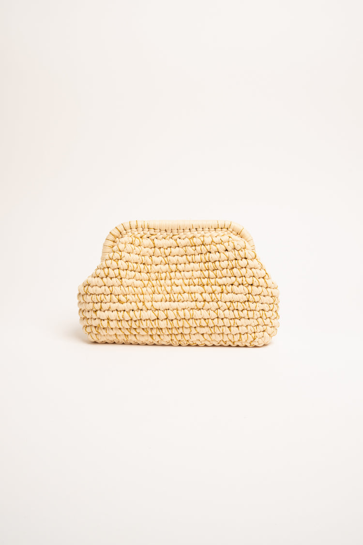 Lurex beige woven fabric clutch bag