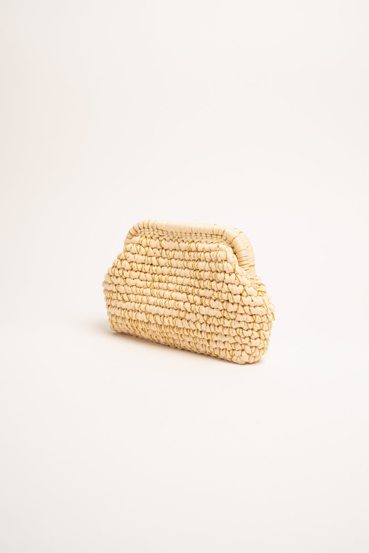 Lurex beige woven fabric clutch bag