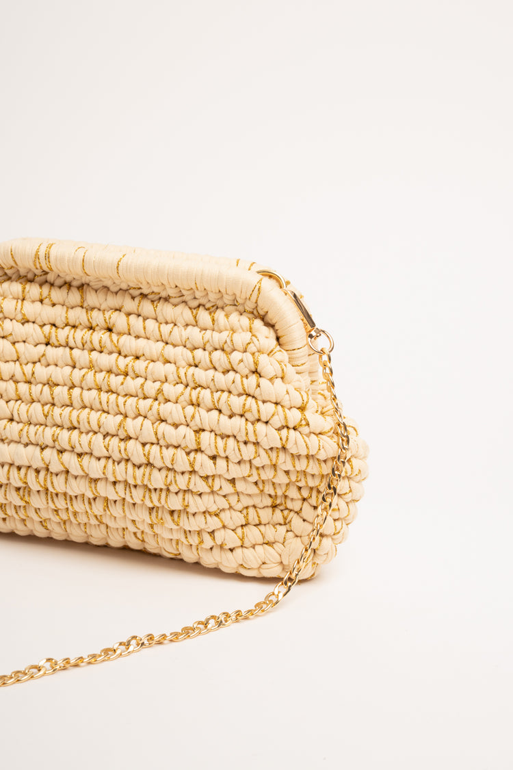 Lurex beige woven fabric clutch bag