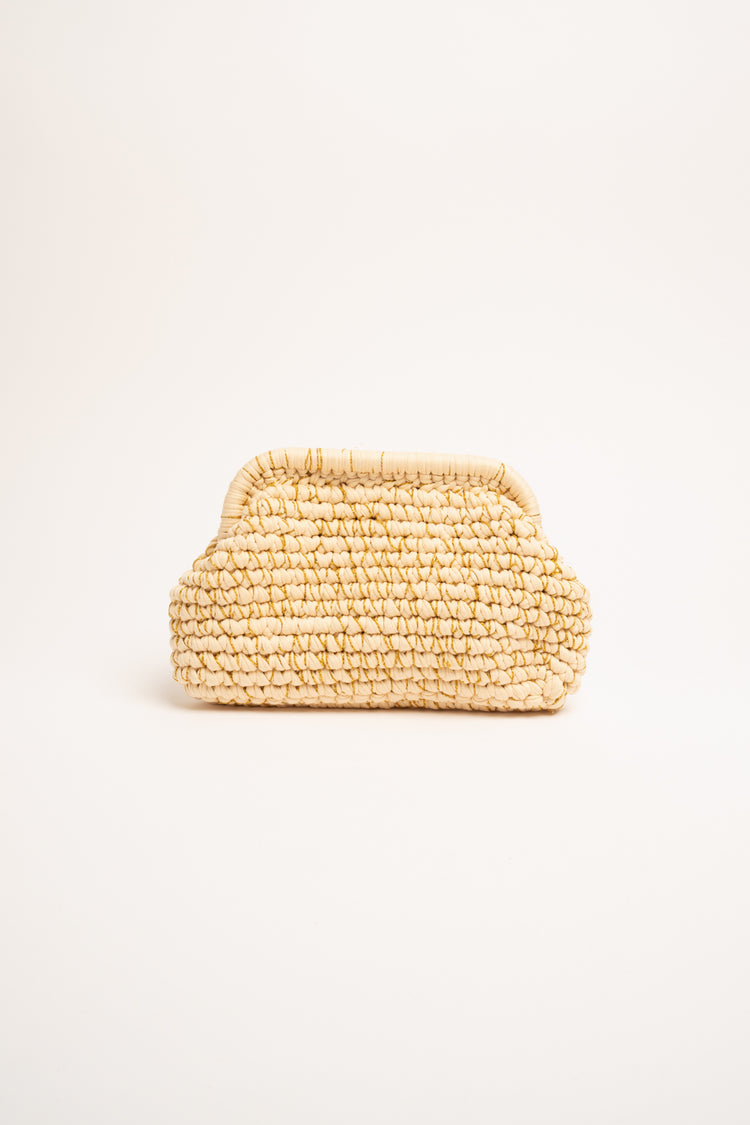 Lurex beige woven fabric clutch bag