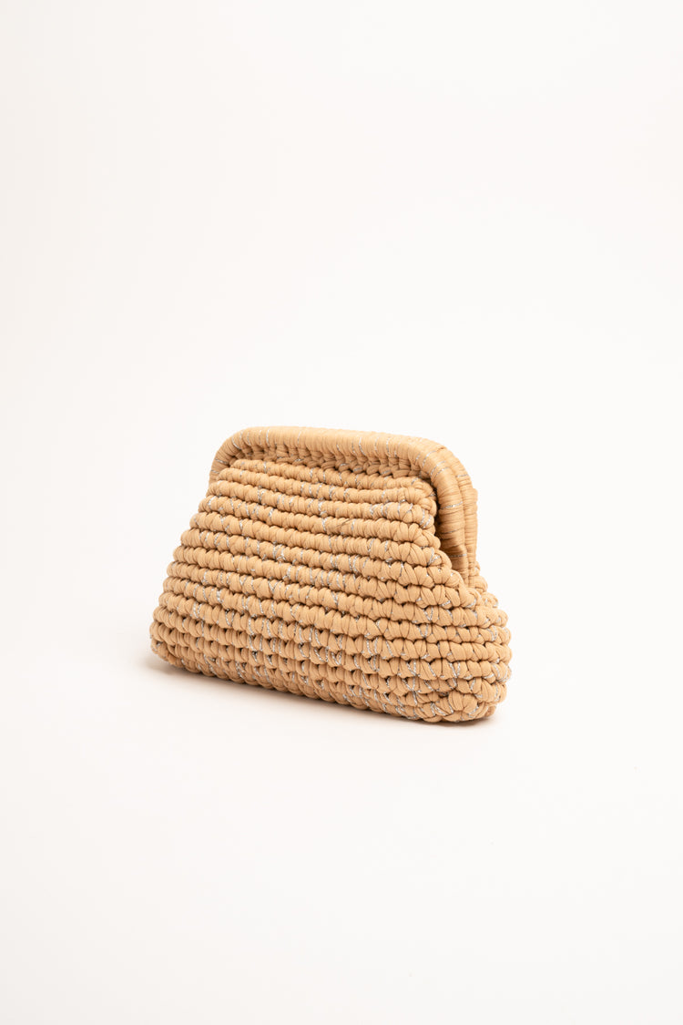 Lurex tan woven fabric clutch bag