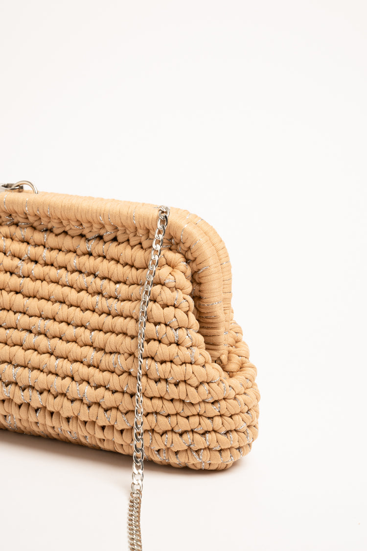 Lurex tan woven fabric clutch bag