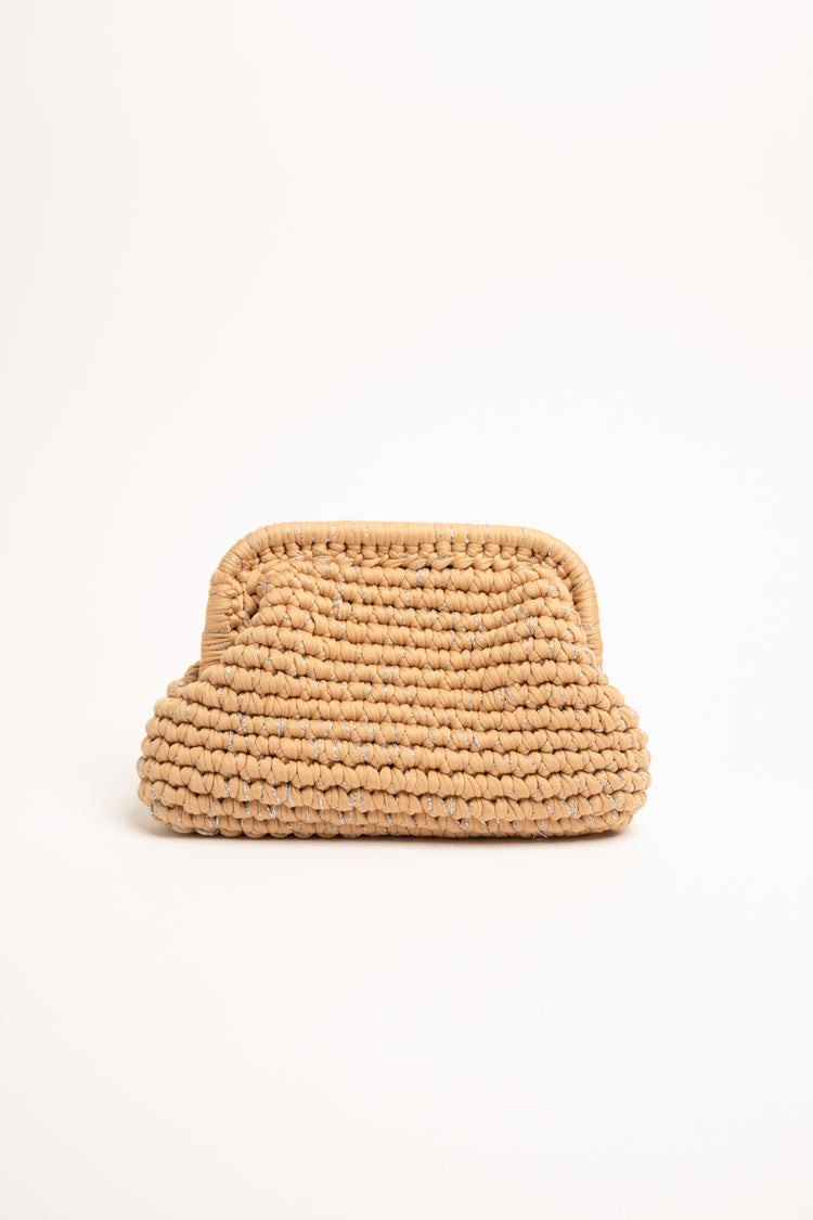 Lurex tan woven fabric clutch bag