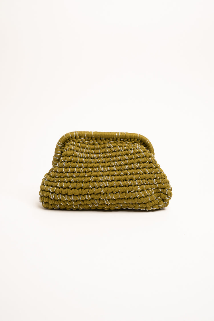 Lurex olive green woven fabric clutch bag