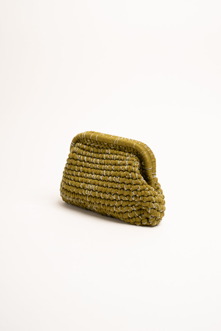 Lurex olive green woven fabric clutch bag