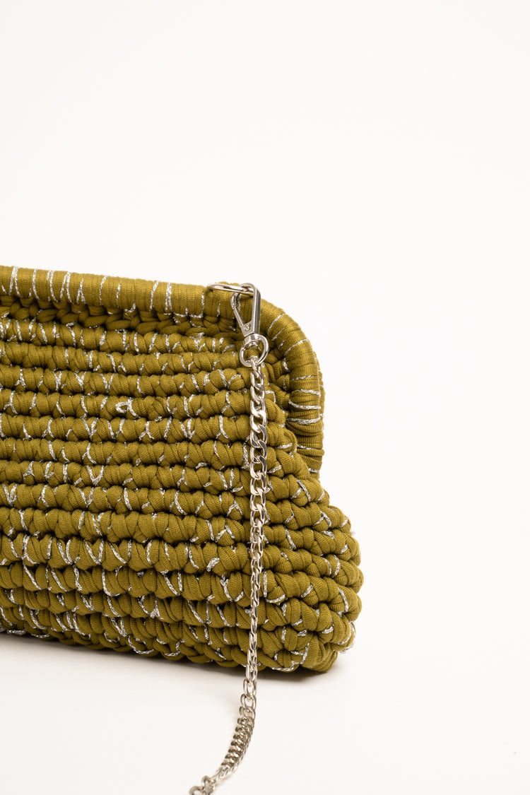Lurex olive green woven fabric clutch bag