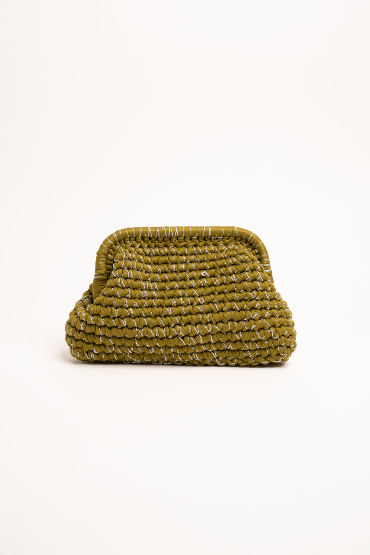 Lurex olive green woven fabric clutch bag