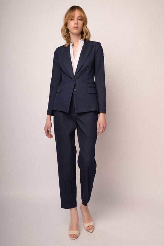 Navy blue viscose-blend barrel leg trousers