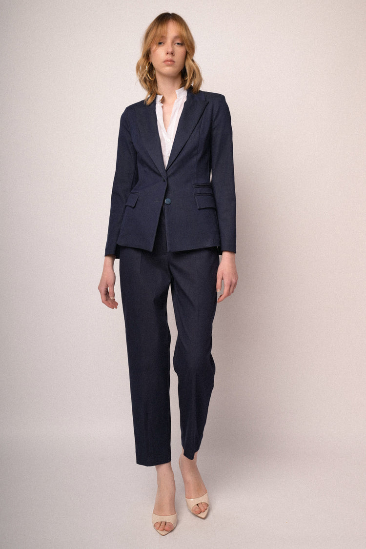 Navy blue viscose-blend barrel leg trousers
