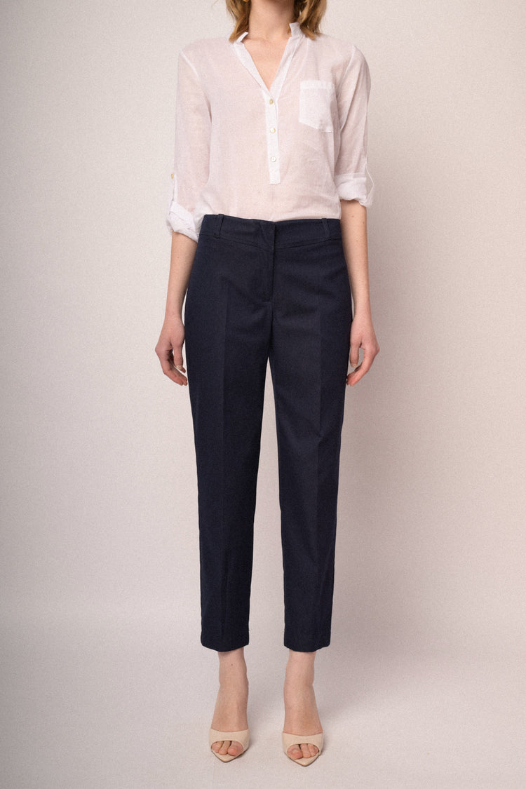 Navy blue viscose-blend barrel leg trousers