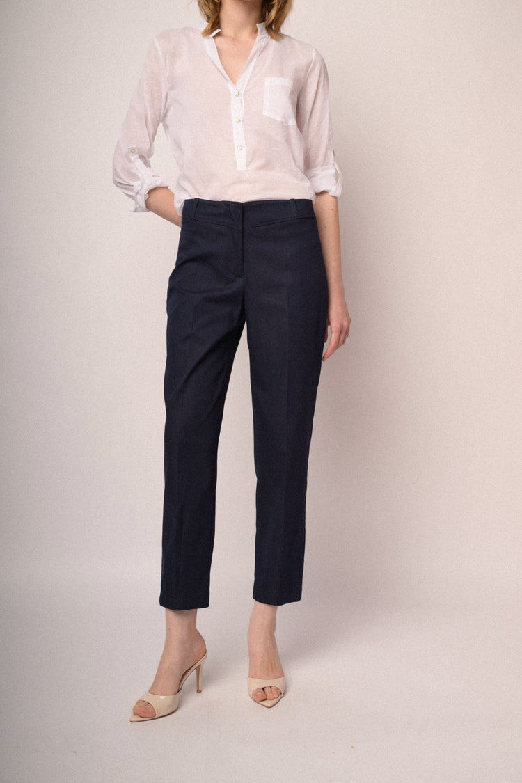 Navy blue viscose-blend barrel leg trousers