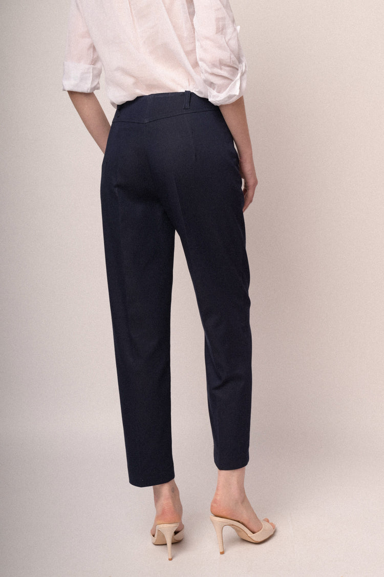 Navy blue viscose-blend barrel leg trousers