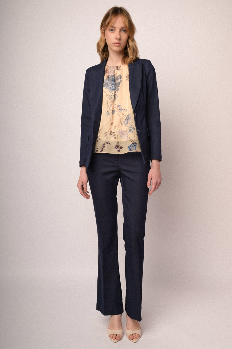 Navy blue viscose-blend flared leg trousers