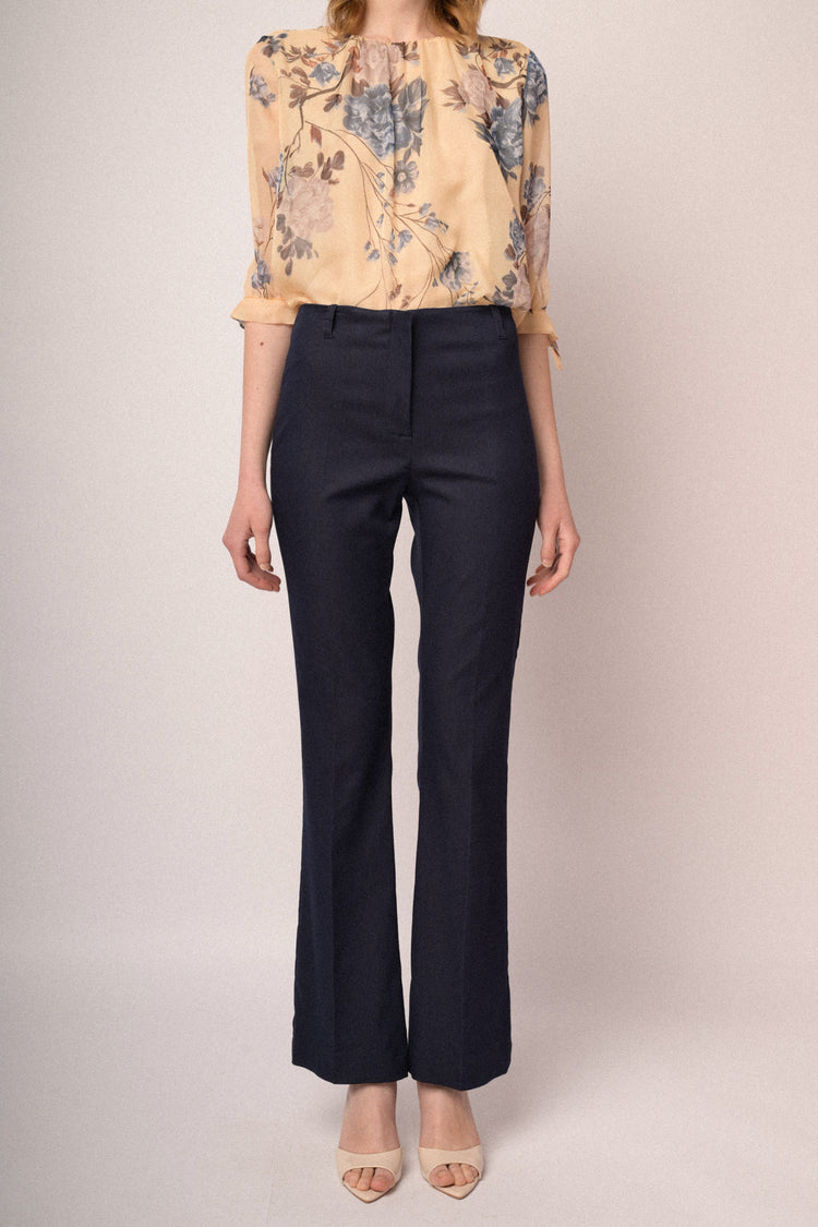 Navy blue viscose-blend flared leg trousers