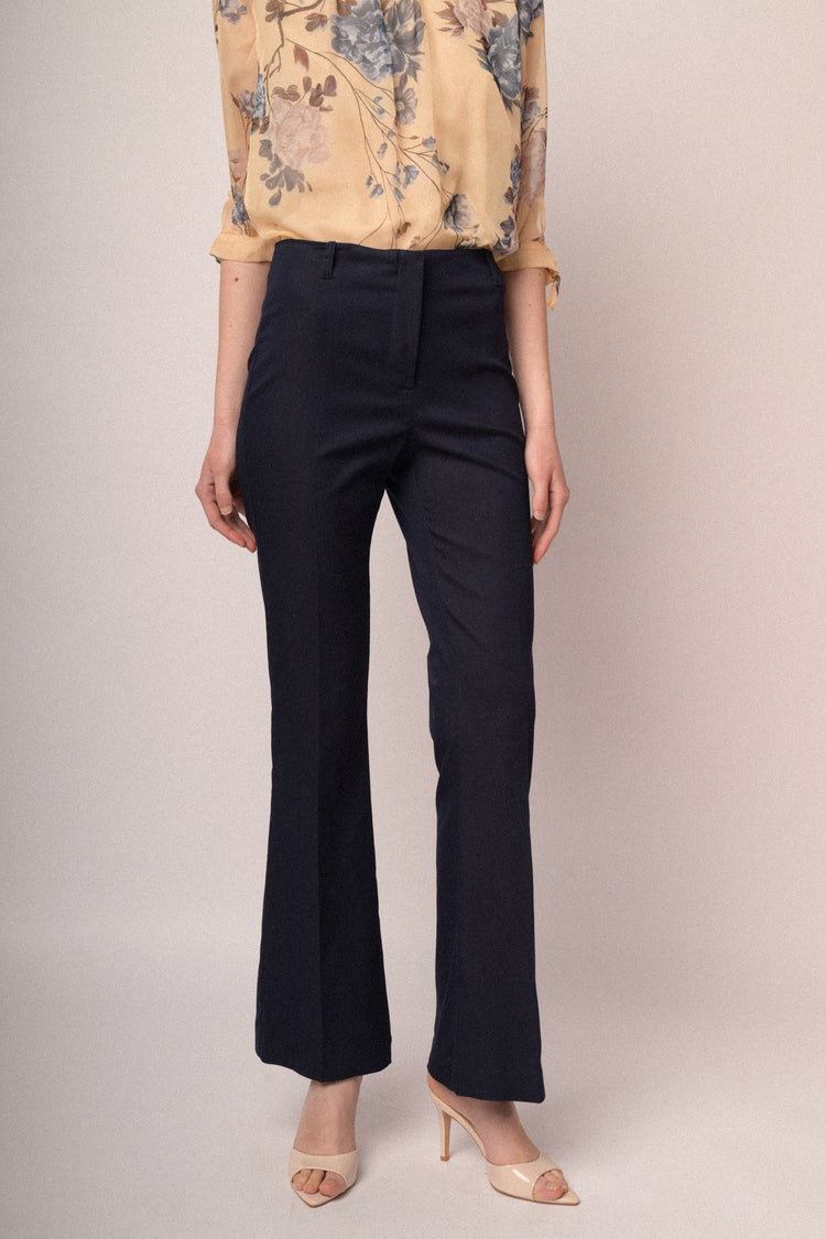 Navy blue viscose-blend flared leg trousers