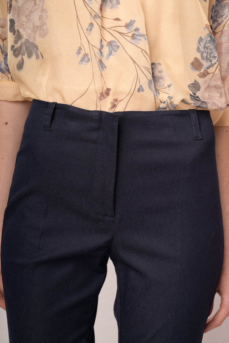 Navy blue viscose-blend flared leg trousers