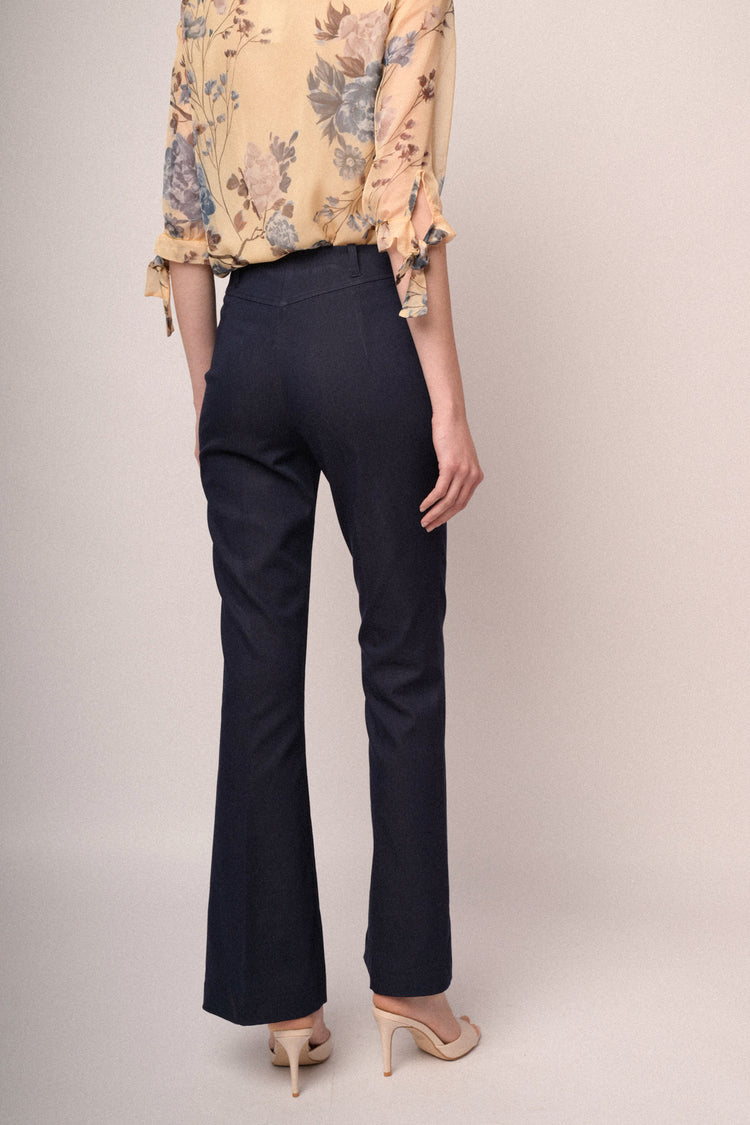 Navy blue viscose-blend flared leg trousers