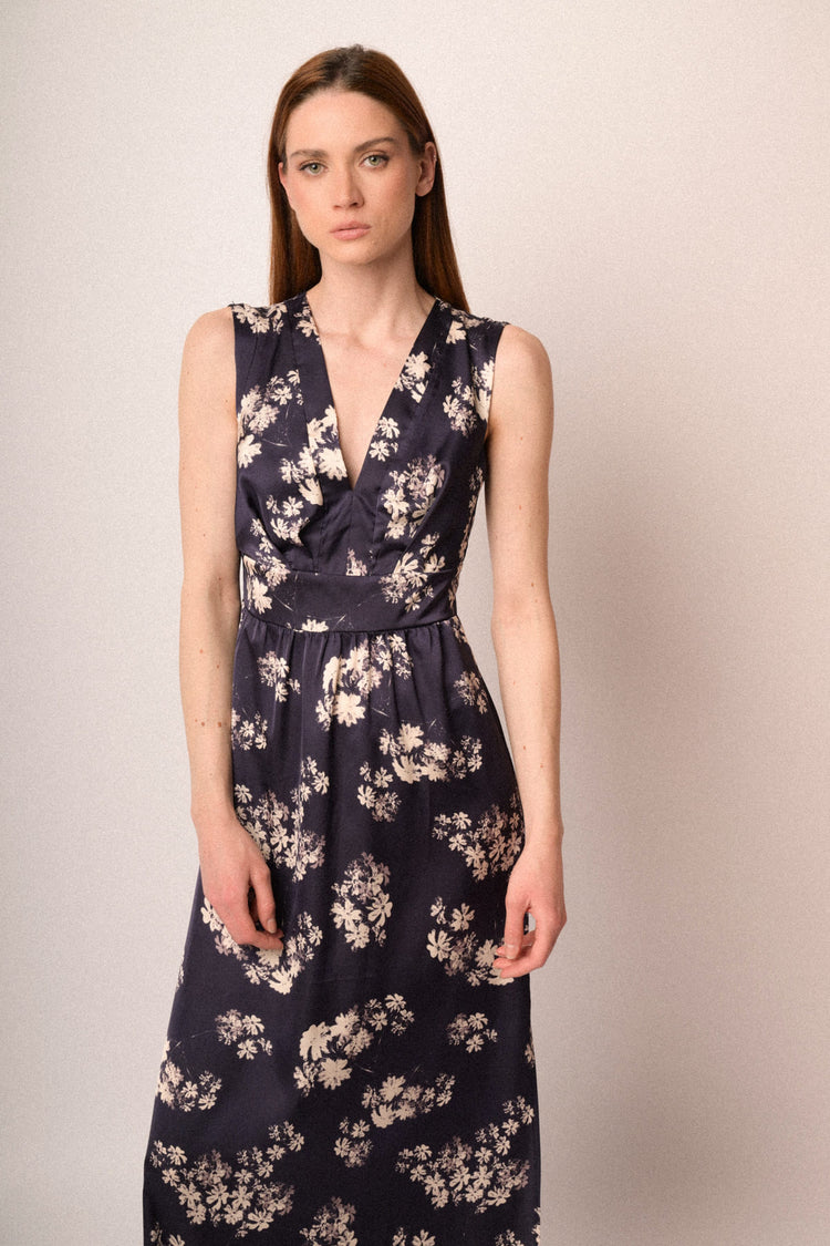 Floral print blue satin long dress