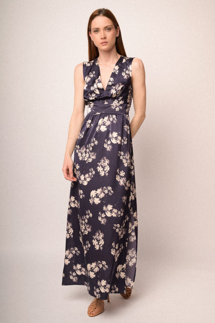 Floral print blue satin long dress