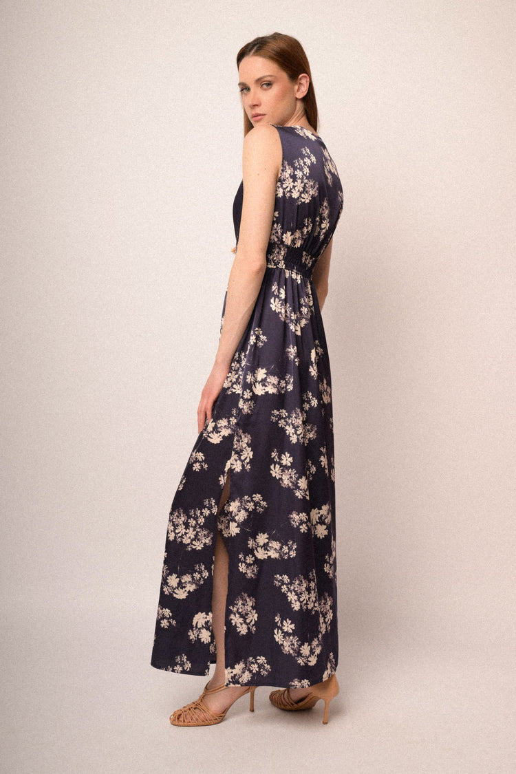 Floral print blue satin long dress