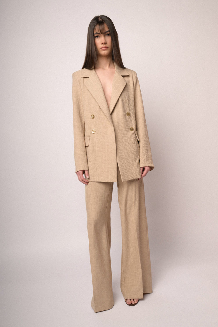 Beige striped motif wide-leg trousers