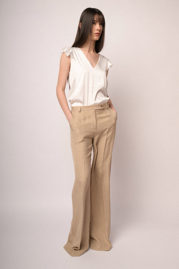 Beige striped motif wide-leg trousers