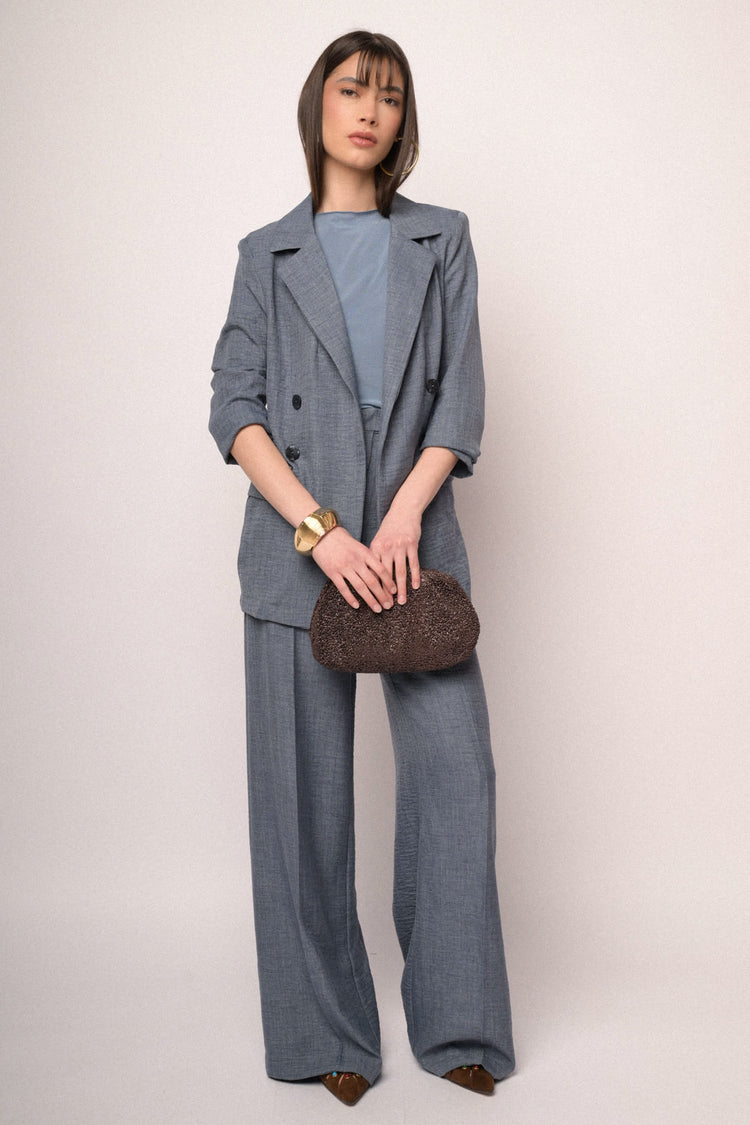 Blue grey striped motif wide-leg trousers
