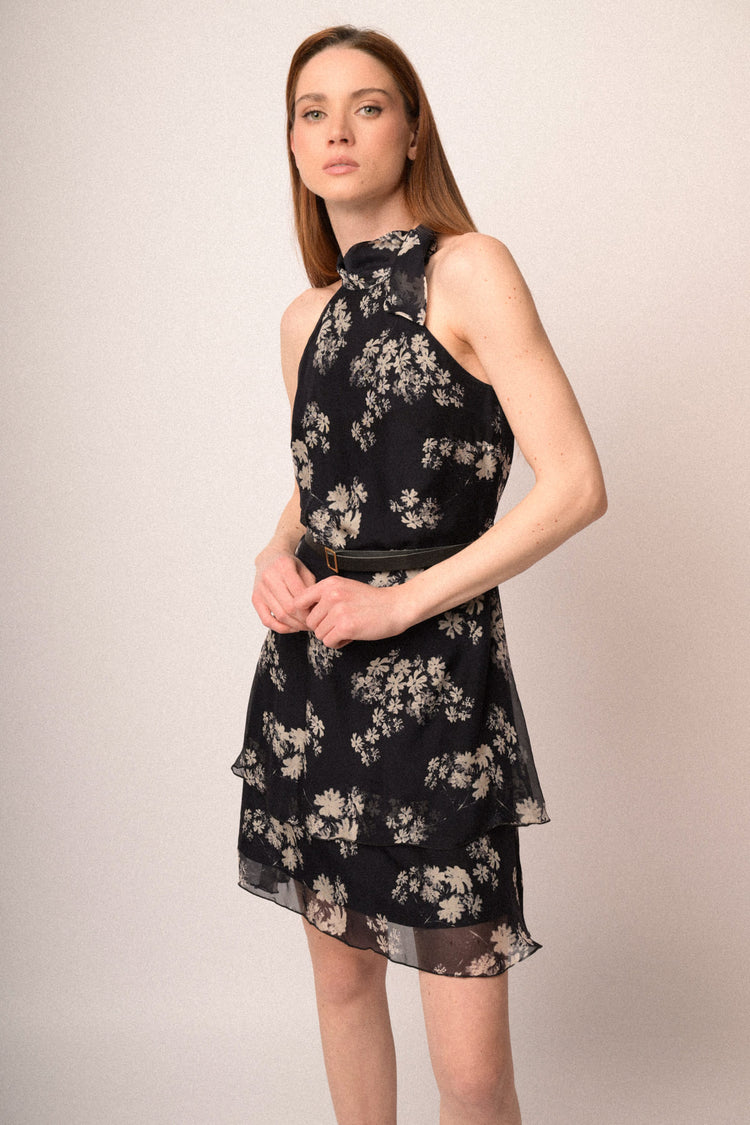 Floral print midnight blue silk blend mini dress