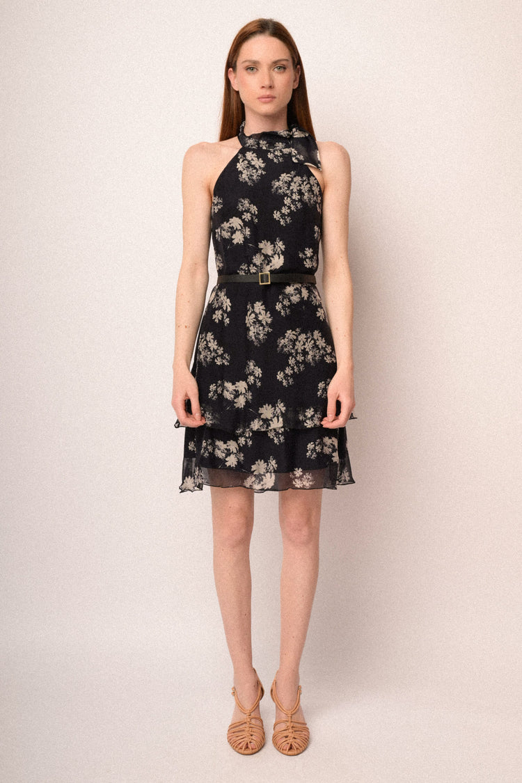 Floral print midnight blue silk blend mini dress