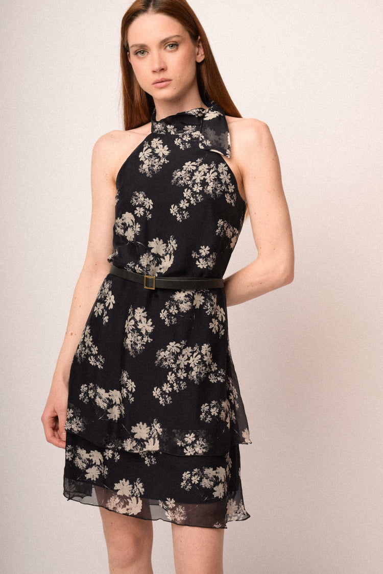 Floral print midnight blue silk blend mini dress