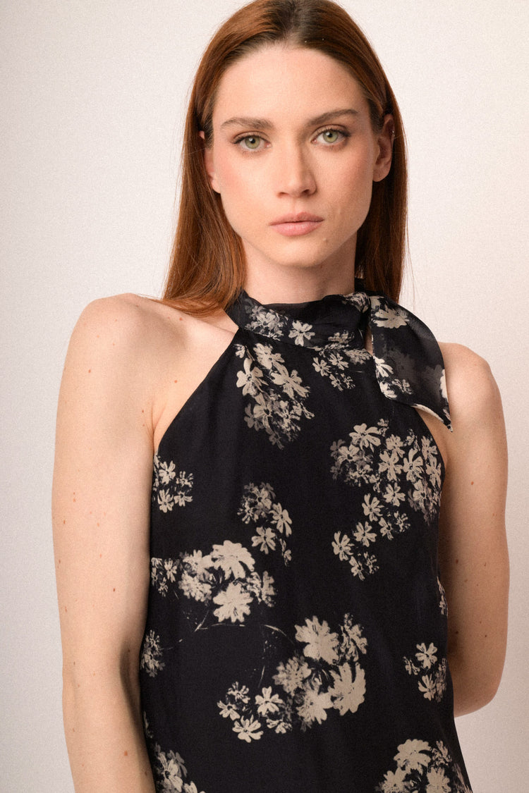 Floral print midnight blue silk blend mini dress