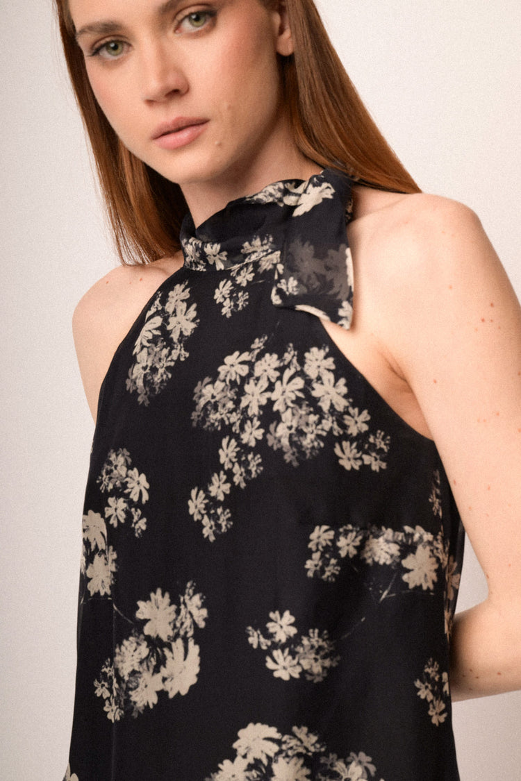 Floral print midnight blue silk blend mini dress