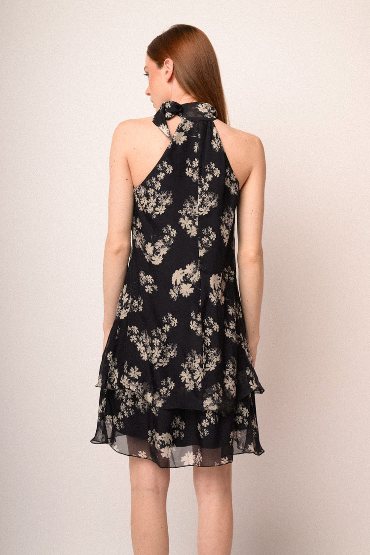 Floral print midnight blue silk blend mini dress