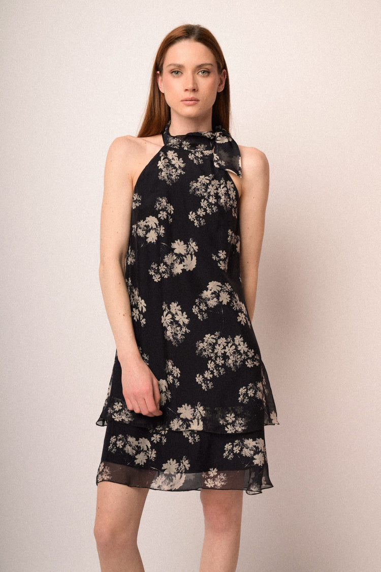 Floral print midnight blue silk blend mini dress