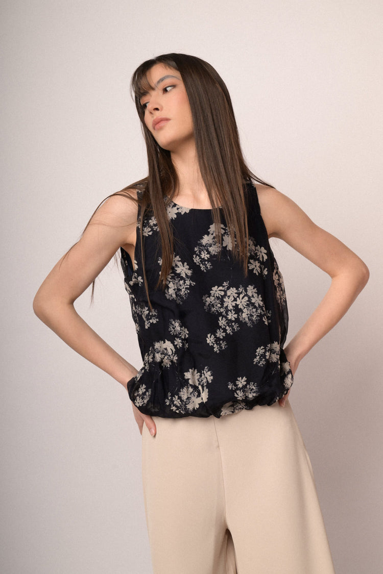Black floral print silk-blend balloon top