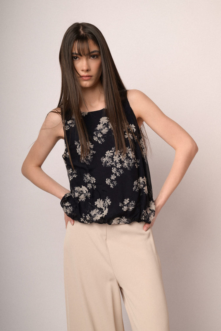 Black floral print silk-blend balloon top