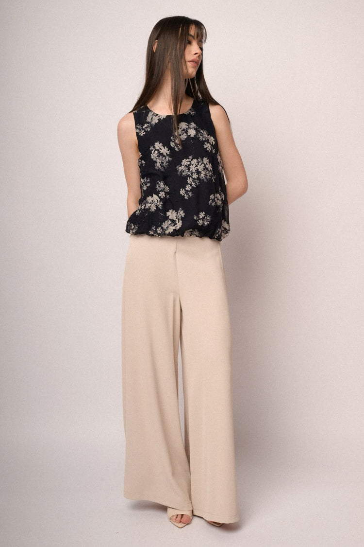 Black floral print silk-blend balloon top