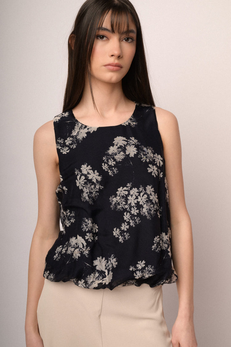 Black floral print silk-blend balloon top