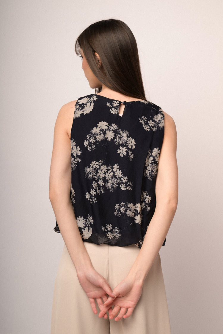 Black floral print silk-blend balloon top