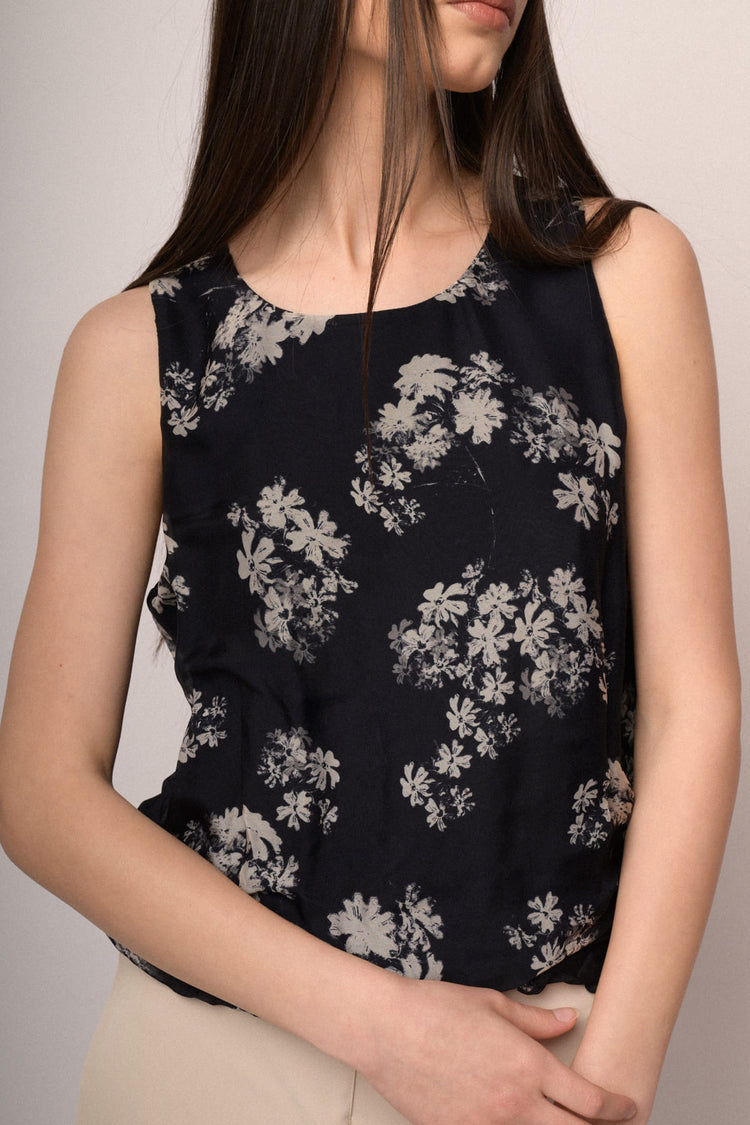 Black floral print silk-blend balloon top