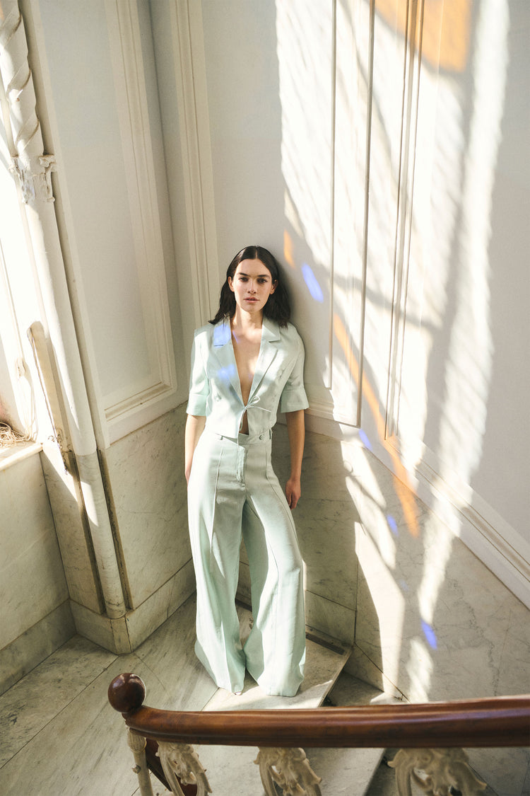 Aqua green satin wide-leg trousers