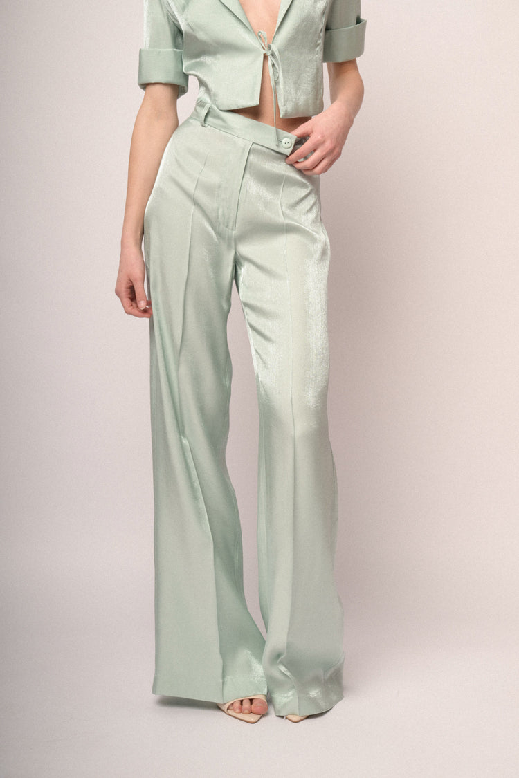 Aqua green satin wide-leg trousers