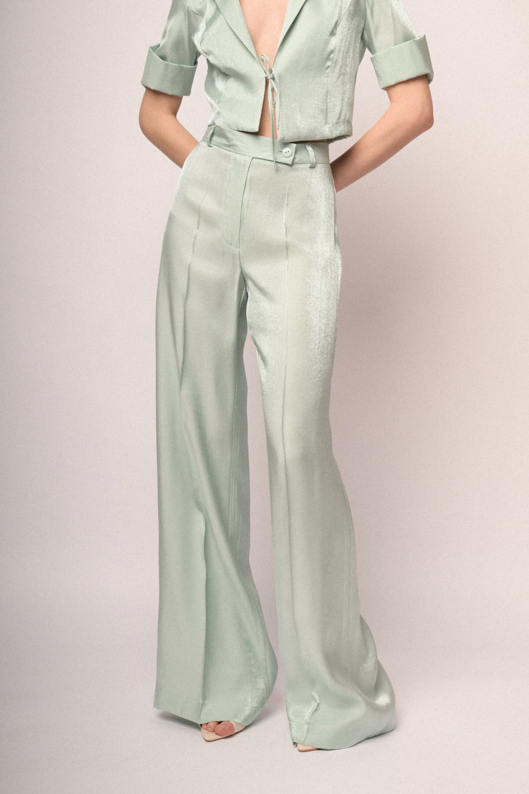 Aqua green satin wide-leg trousers