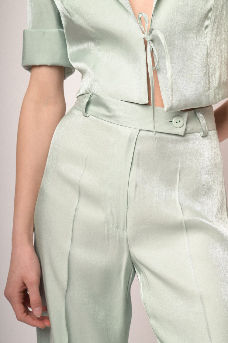 Aqua green satin wide-leg trousers