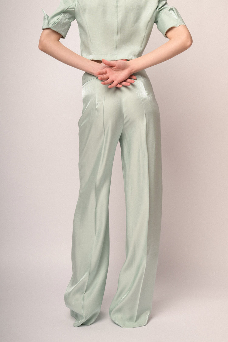 Aqua green satin wide-leg trousers