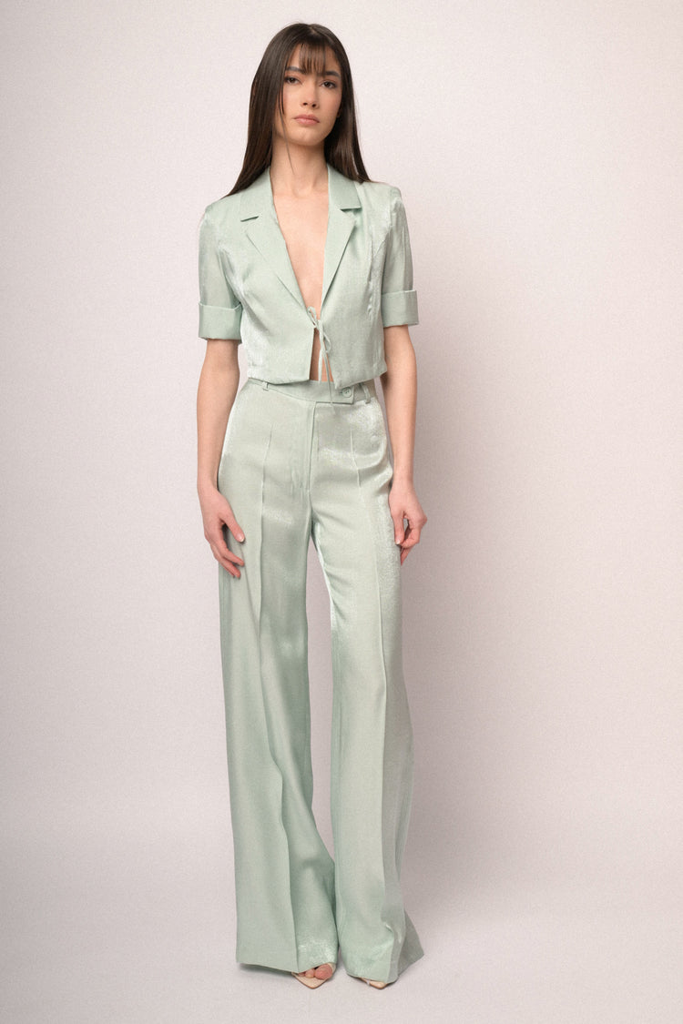 Aqua green satin wide-leg trousers