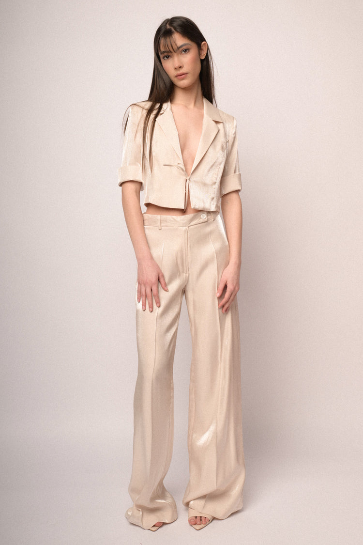 Ivory satin wide-leg trousers