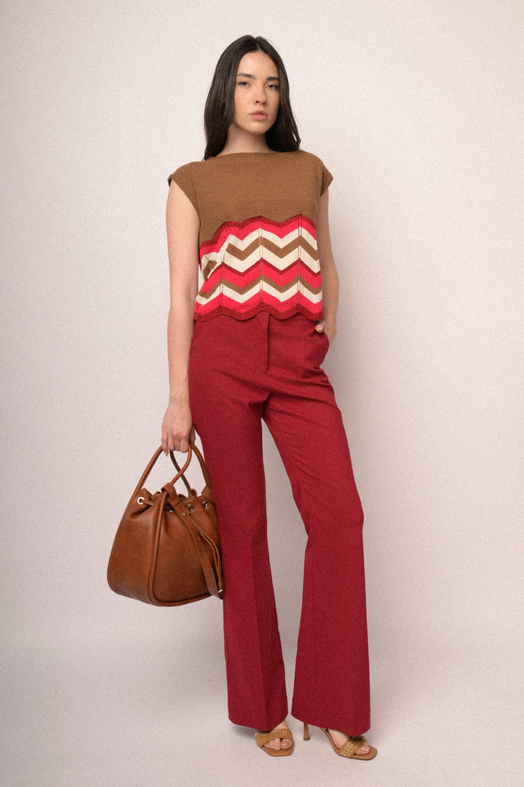 Red viscose-blend flared-leg trousers