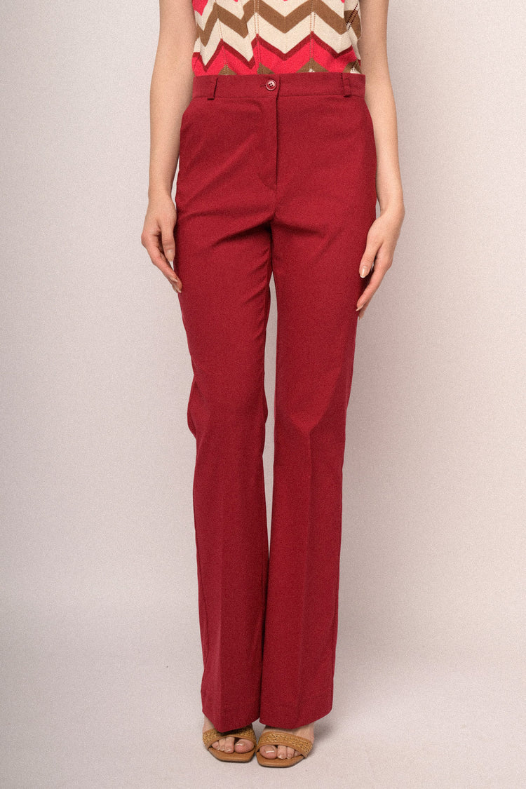 Red viscose-blend flared-leg trousers