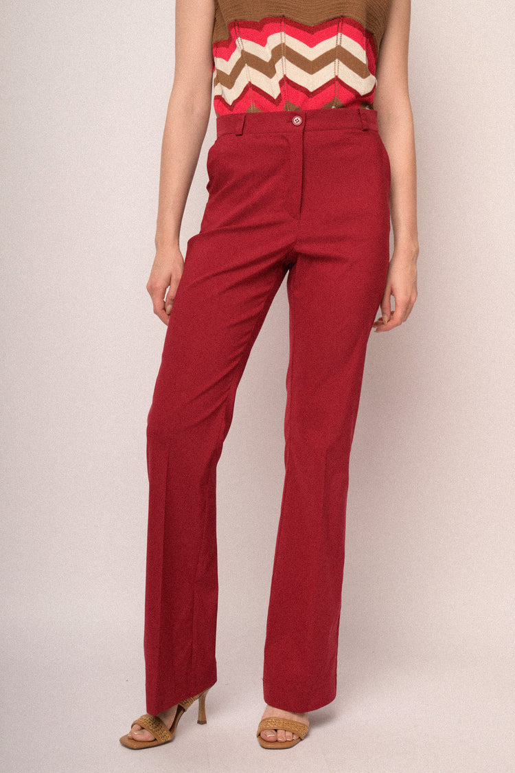 Red viscose-blend flared-leg trousers
